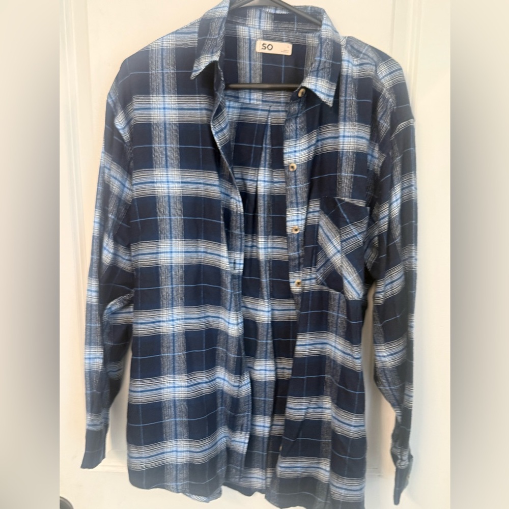 Juniors SO Boyfriend Button Front Navy and Light Blue Flannel Plaid Shirt
